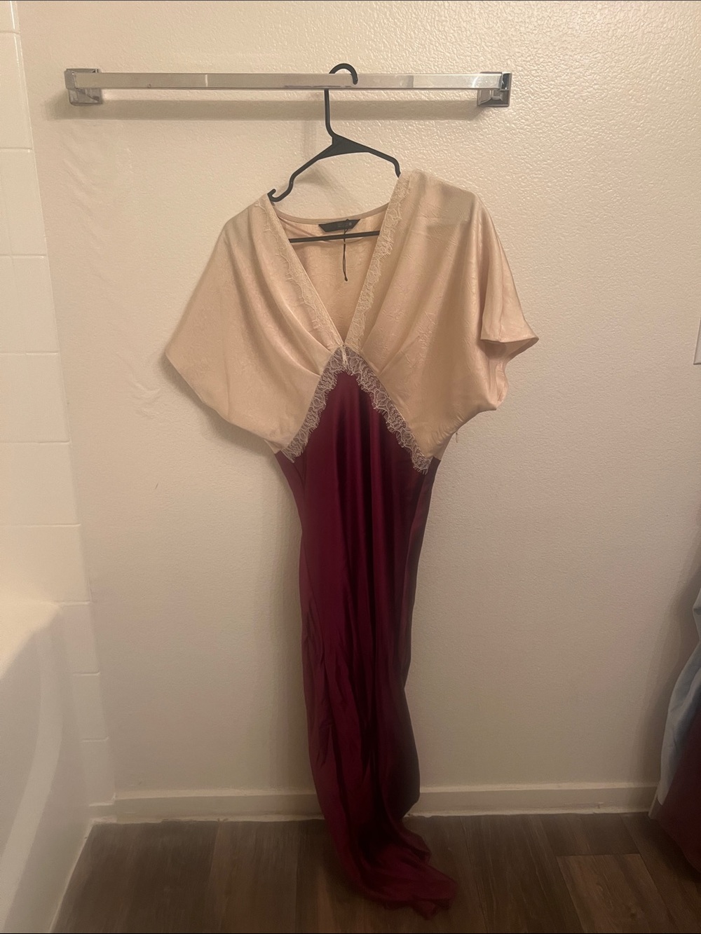 Zara Two-Tone V-Neck Maxi Dress in Cream and Burgundy